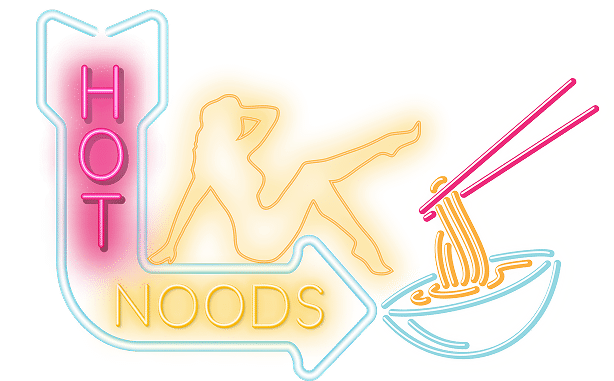 Neon sign with pink "HOT" text, an orange silhouette of a reclining woman, and "NOODS" pointing to a bowl of noodles.
