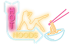 A neon sign with "HOT NOODS" in pink and orange, featuring a reclining woman and ramen in a bowl.