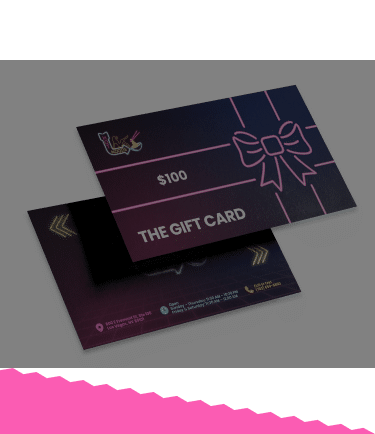 Two dark gift cards with pink neon designs, one showing "$100 THE GIFT CARD" and a bow.